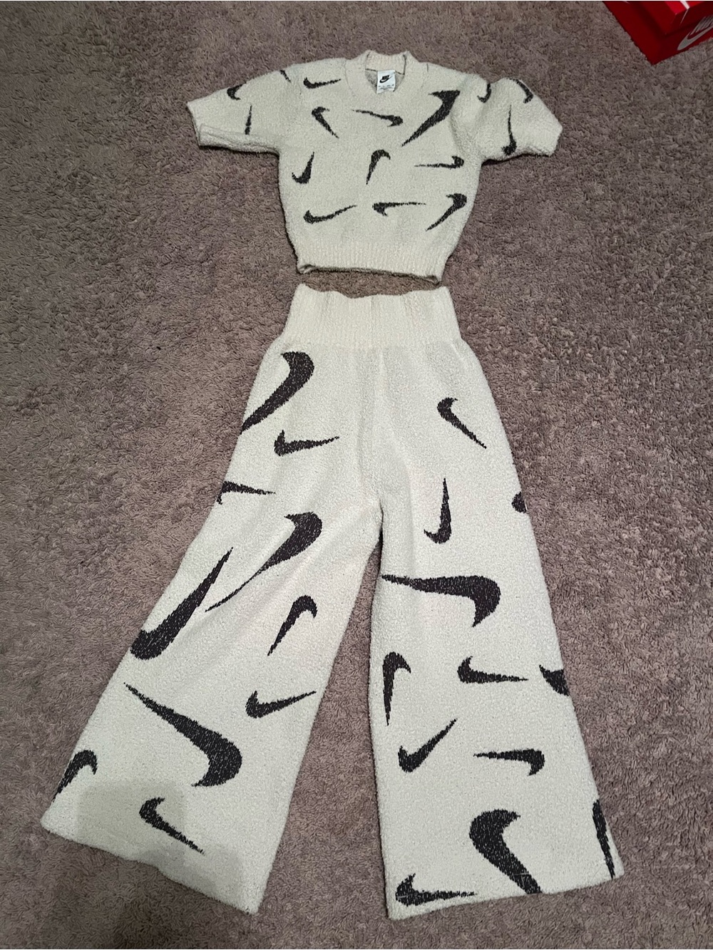 Nike Sportswear Phoenix Cozy Cream Wide-Leg Pants with Black Swoosh Print-XS